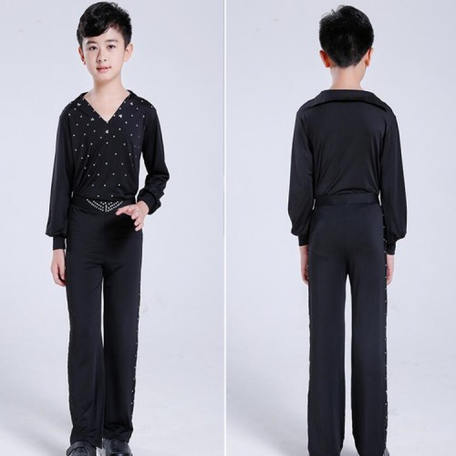 Boys latin dresses for kids children black diamond competition professional rumba chacha salsa dancing tops and pants